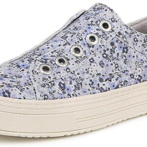 Women's Canvas Slip-On Sneakers Vegan Casual Platform Blue Floral 7.5